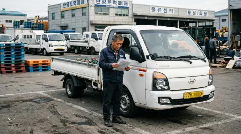 1톤 영업용 화물차와 관련 계약서류를 비교해보는 예비 화물기사
