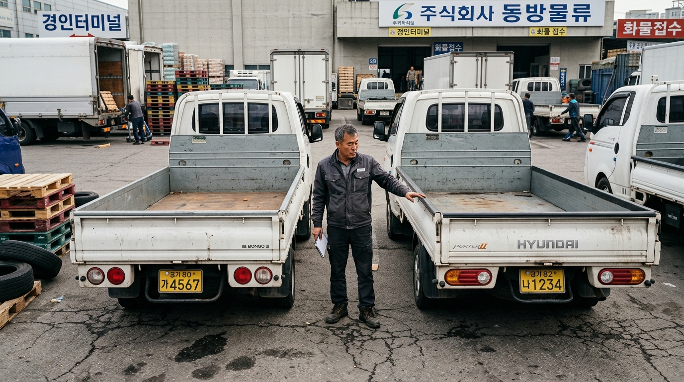 1톤과 1.2톤 카고트럭의 적재함 크기를 비교하는 예비 화물기사